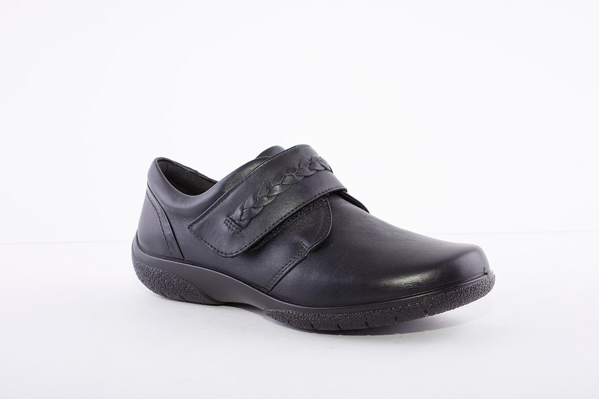 HOTTER - Sweet Black Leather Velcro Shoe