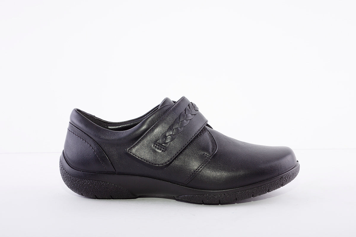 HOTTER - Sweet Black Leather Velcro Shoe