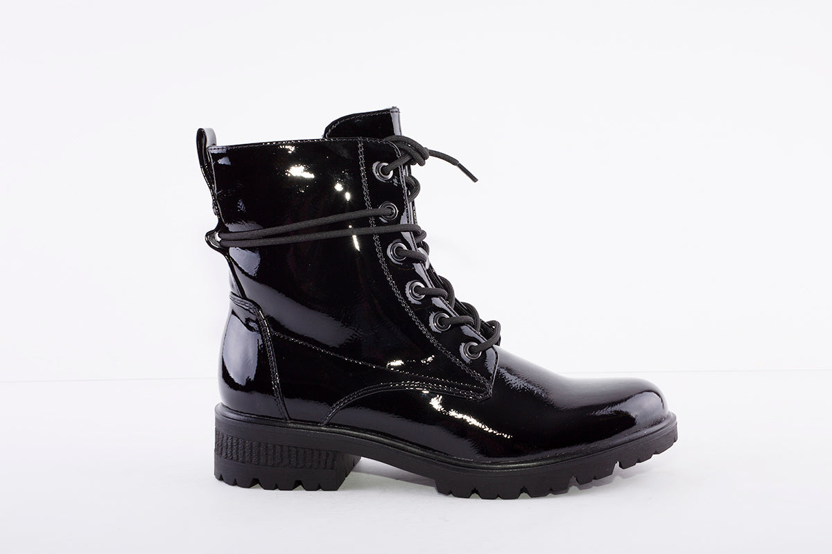 TAMARIS - LACED ANKLE BOOT - BLACK PATENT