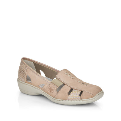 RIEKER - 41385-60 LOW HEEL ELASTICATED SLIP-ON SHOE - BEIGE MULTI