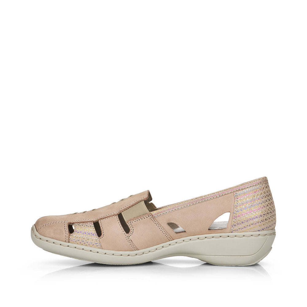RIEKER - 41385-60 LOW HEEL ELASTICATED SLIP-ON SHOE - BEIGE MULTI