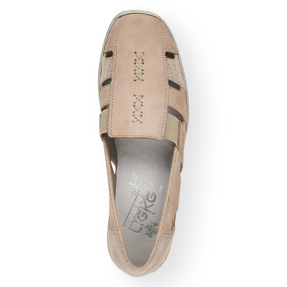 RIEKER - 41385-60 LOW HEEL ELASTICATED SLIP-ON SHOE - BEIGE MULTI