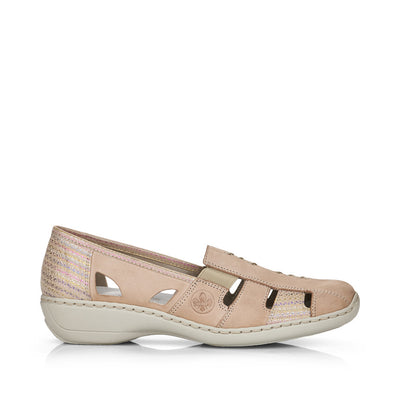 RIEKER - 41385-60 LOW HEEL ELASTICATED SLIP-ON SHOE - BEIGE MULTI