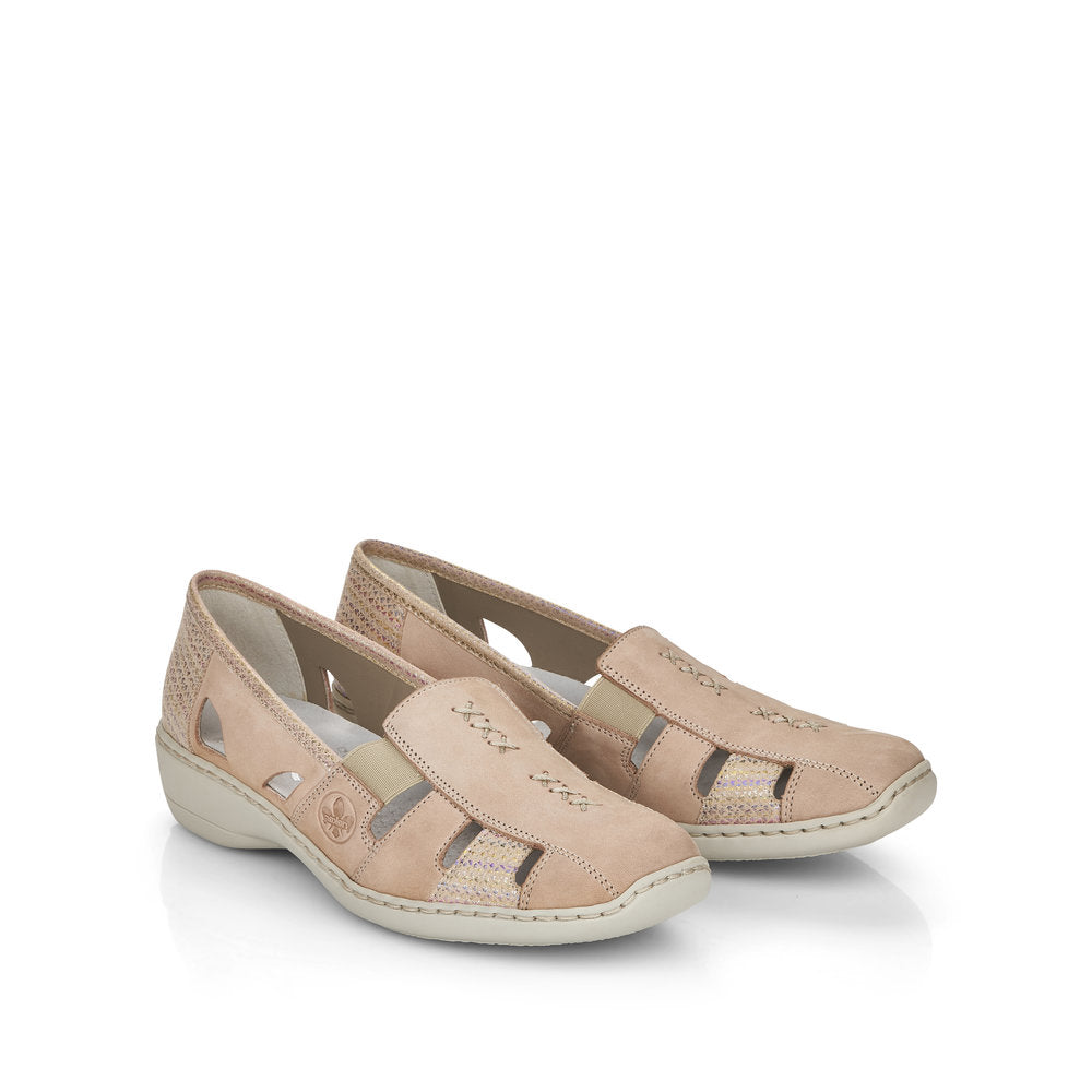 RIEKER - 41385-60 LOW HEEL ELASTICATED SLIP-ON SHOE - BEIGE MULTI