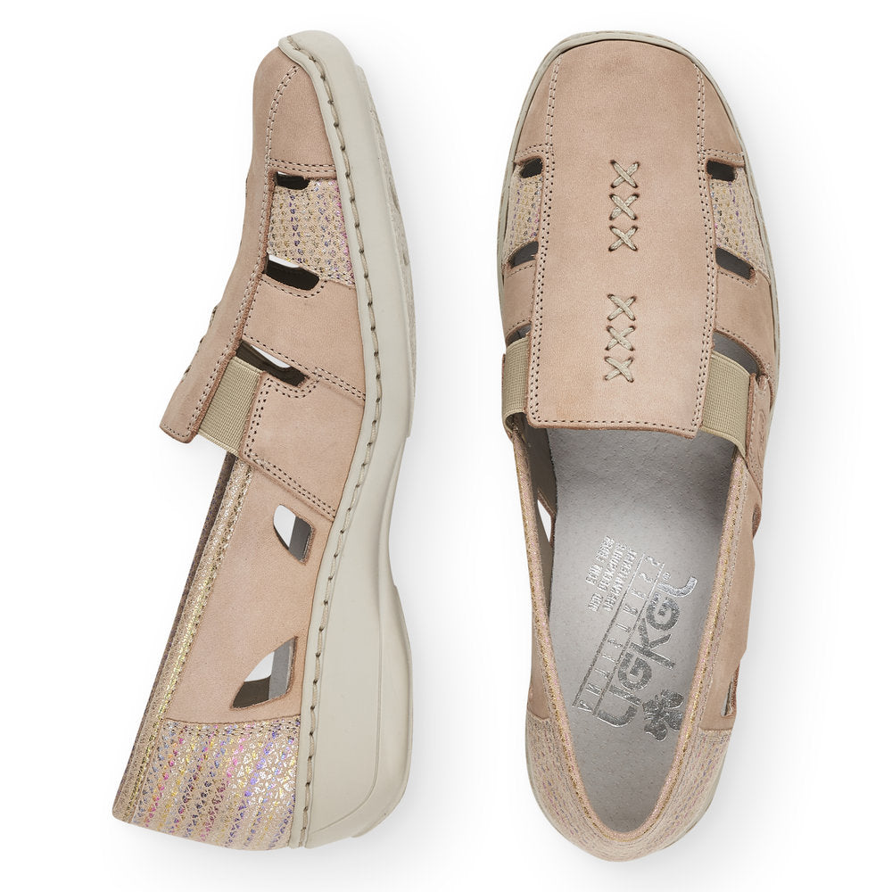 RIEKER - 41385-60 LOW HEEL ELASTICATED SLIP-ON SHOE - BEIGE MULTI