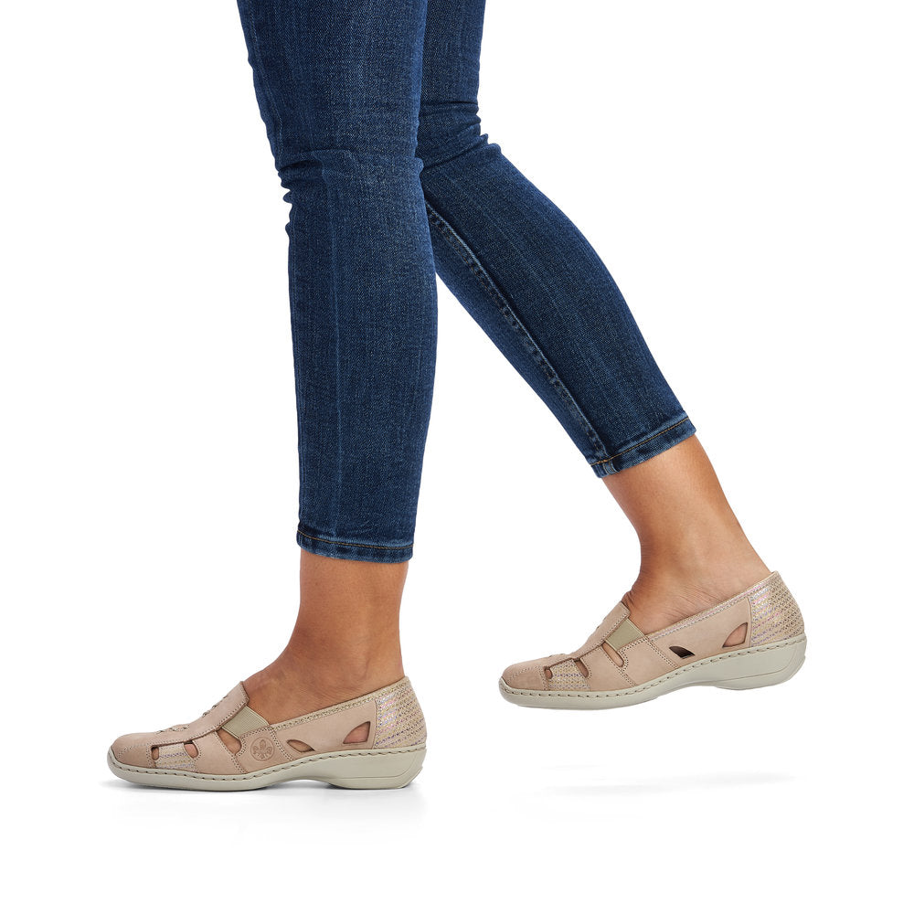 RIEKER - 41385-60 LOW HEEL ELASTICATED SLIP-ON SHOE - BEIGE MULTI