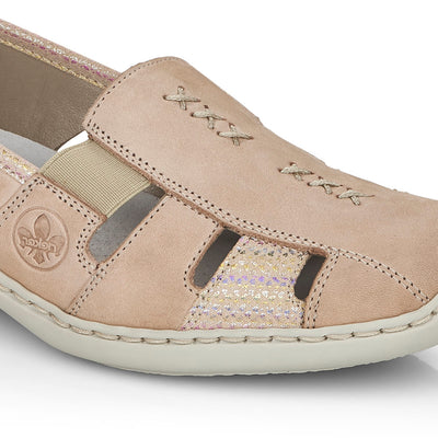 RIEKER - 41385-60 LOW HEEL ELASTICATED SLIP-ON SHOE - BEIGE MULTI