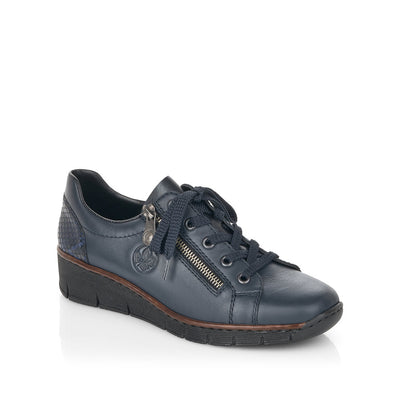 RIEKER - 53702-14 LOW WEDGE LACED SHOE WITH SIDE ZIP - NAVY