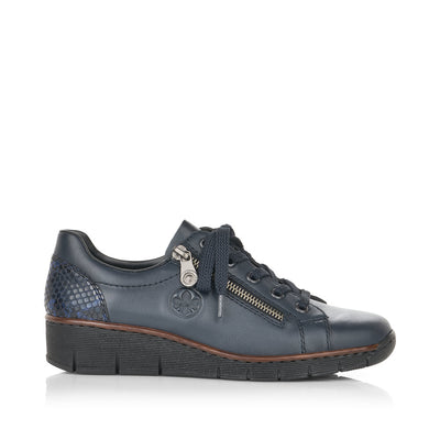 RIEKER - 53702-14 LOW WEDGE LACED SHOE WITH SIDE ZIP - NAVY