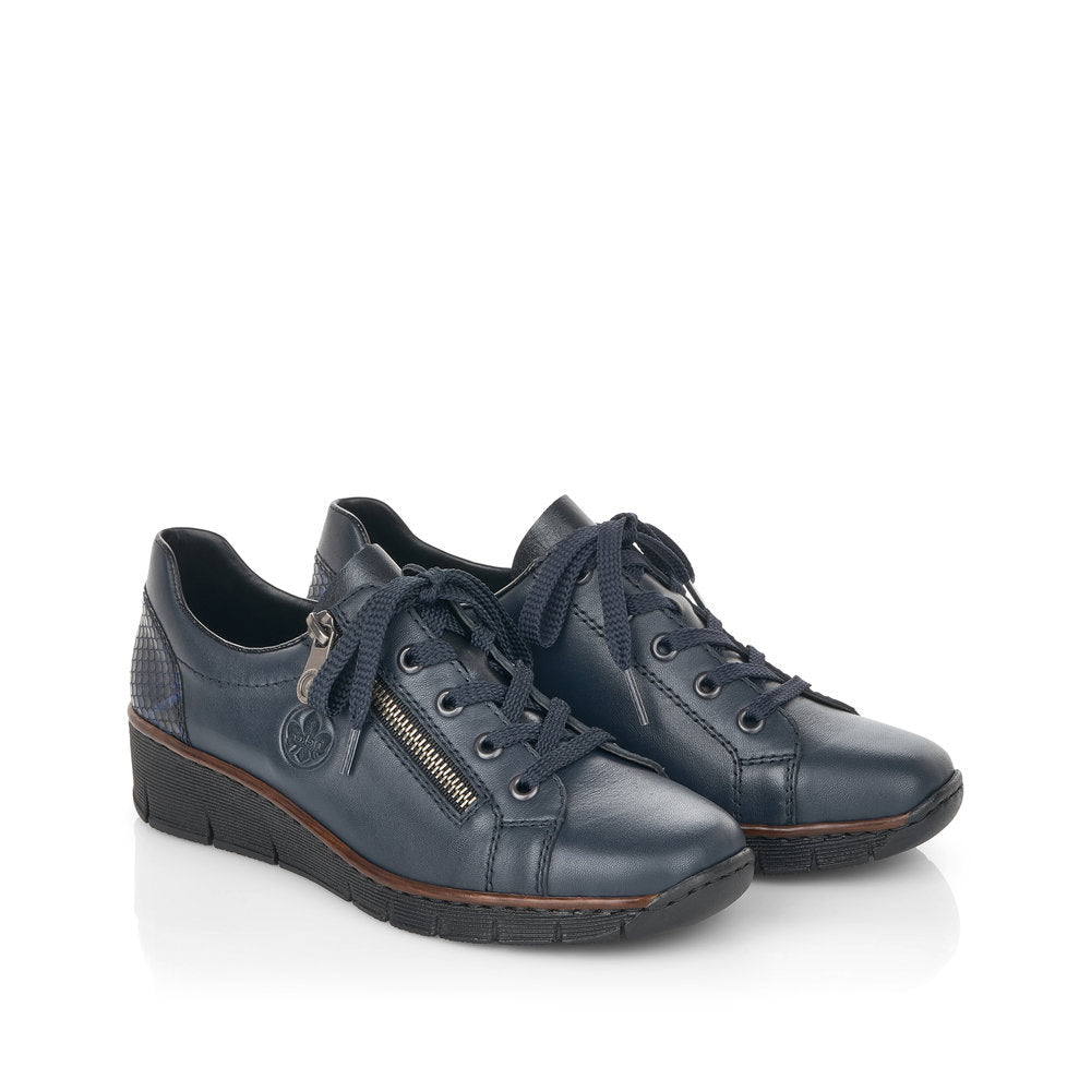 RIEKER - 53702-14 LOW WEDGE LACED SHOE WITH SIDE ZIP - NAVY