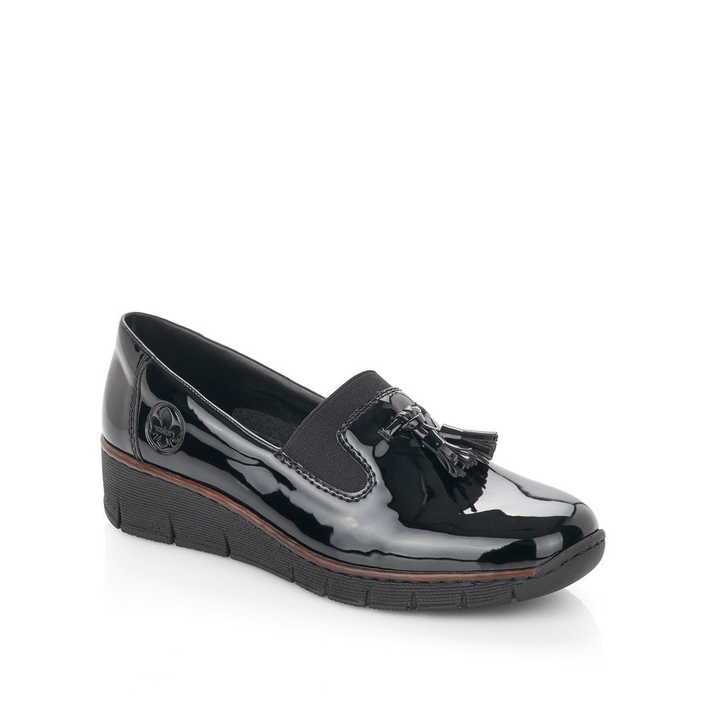 RIEKER - 53751-00 LOW WEDGE SLIP-ON SHOE WITH TASSEL - BLACK PATENT