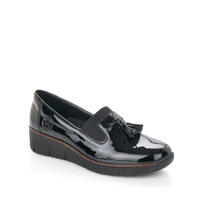 RIEKER - 53751-00 LOW WEDGE SLIP-ON SHOE WITH TASSEL - BLACK PATENT