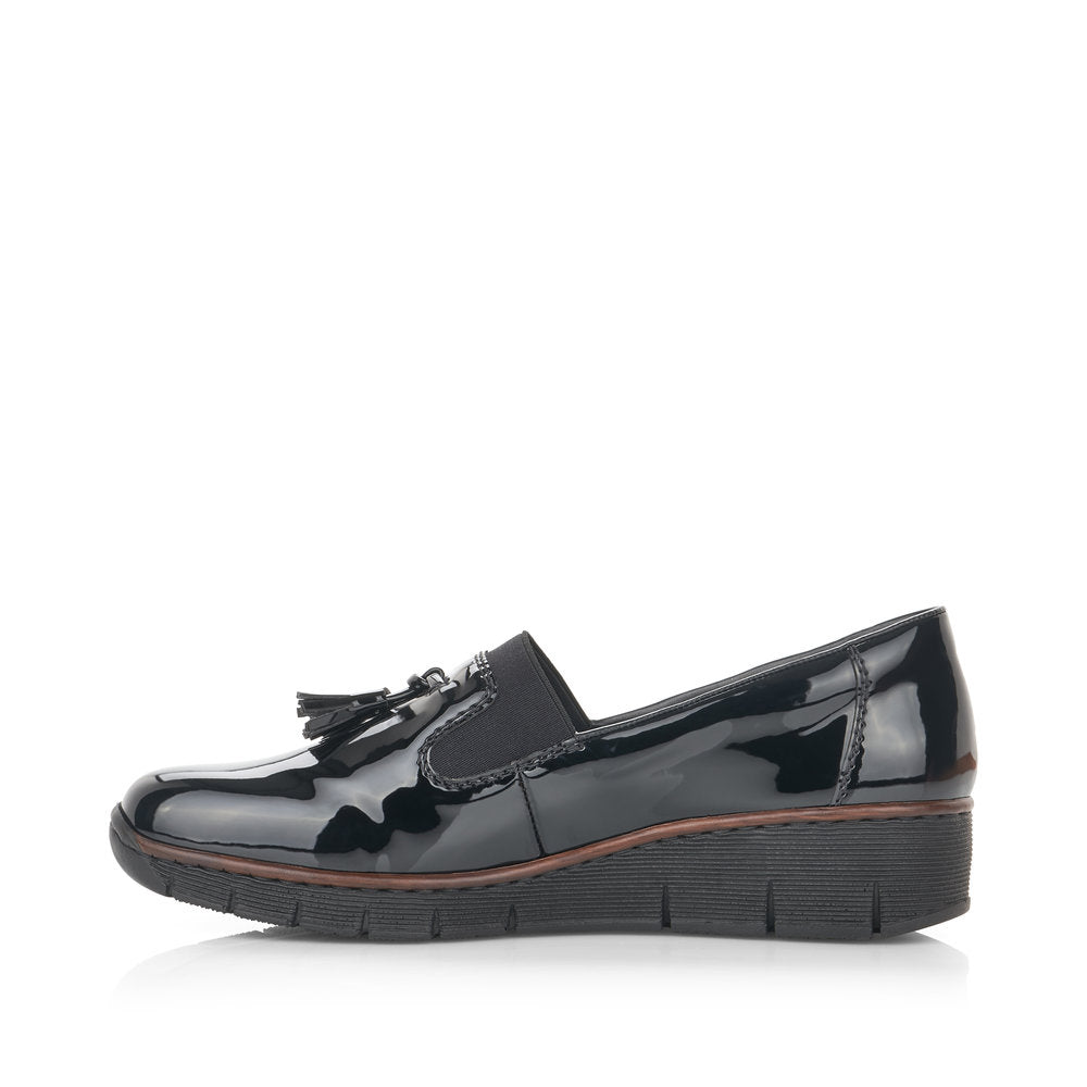 RIEKER - 53751-00 LOW WEDGE SLIP-ON SHOE WITH TASSEL - BLACK PATENT