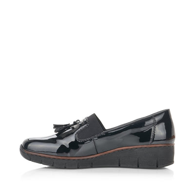 RIEKER - 53751-00 LOW WEDGE SLIP-ON SHOE WITH TASSEL - BLACK PATENT