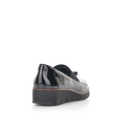 RIEKER - 53751-00 LOW WEDGE SLIP-ON SHOE WITH TASSEL - BLACK PATENT