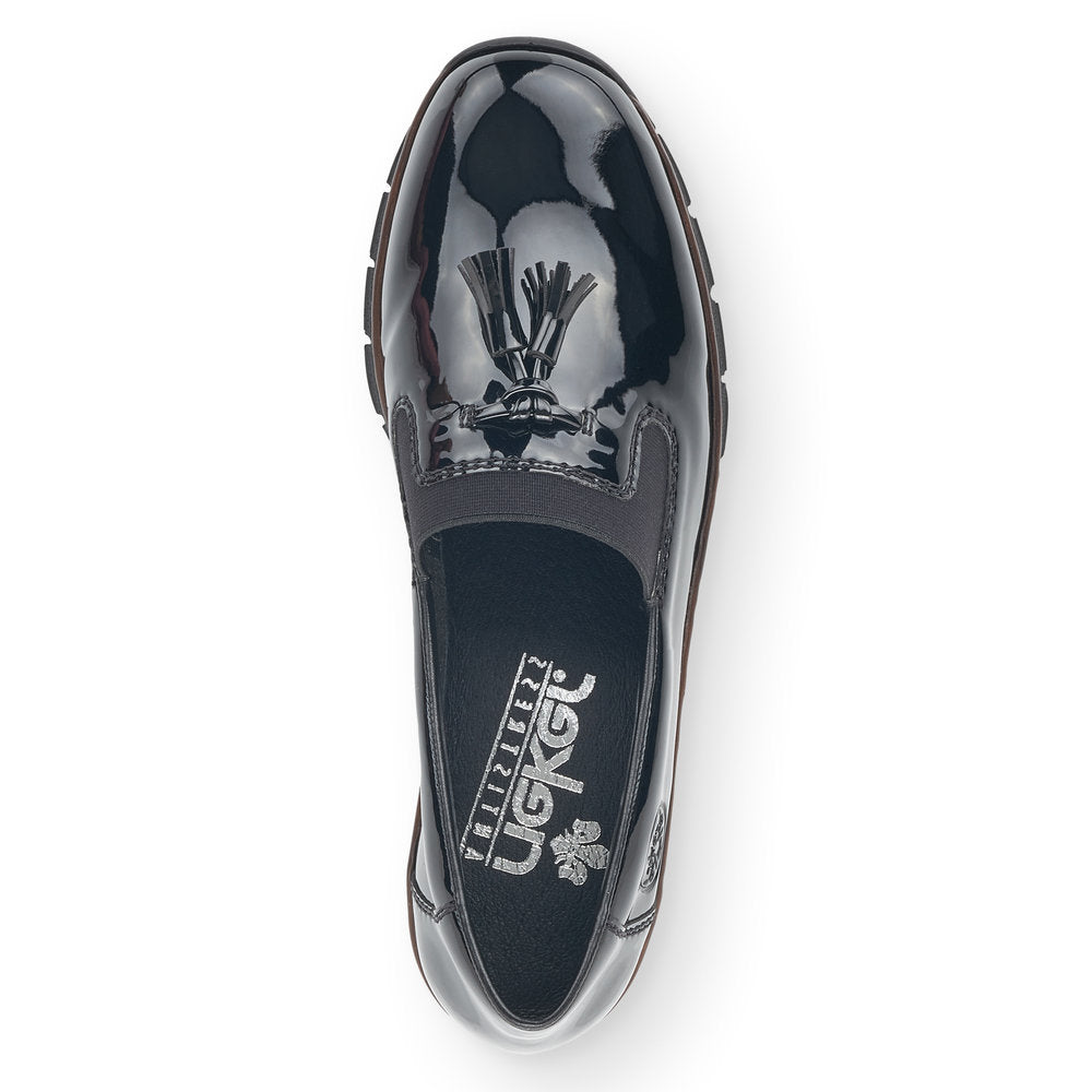 RIEKER - 53751-00 LOW WEDGE SLIP-ON SHOE WITH TASSEL - BLACK PATENT