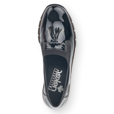RIEKER - 53751-00 LOW WEDGE SLIP-ON SHOE WITH TASSEL - BLACK PATENT