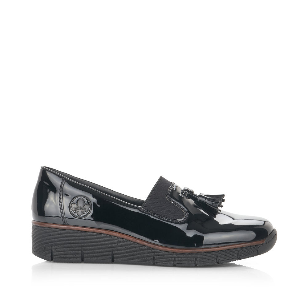 RIEKER - 53751-00 LOW WEDGE SLIP-ON SHOE WITH TASSEL - BLACK PATENT