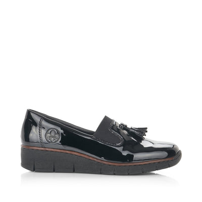 RIEKER - 53751-00 LOW WEDGE SLIP-ON SHOE WITH TASSEL - BLACK PATENT