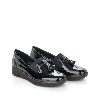 RIEKER - 53751-00 LOW WEDGE SLIP-ON SHOE WITH TASSEL - BLACK PATENT