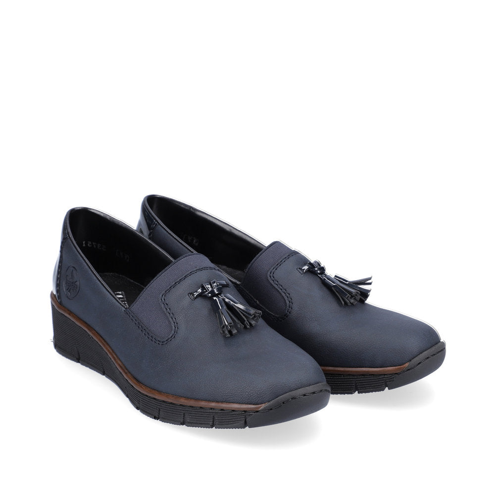 RIEKER - 53751-14 LOW WEDGE SLIP-ON SHOE WITH TASSEL - NAVY
