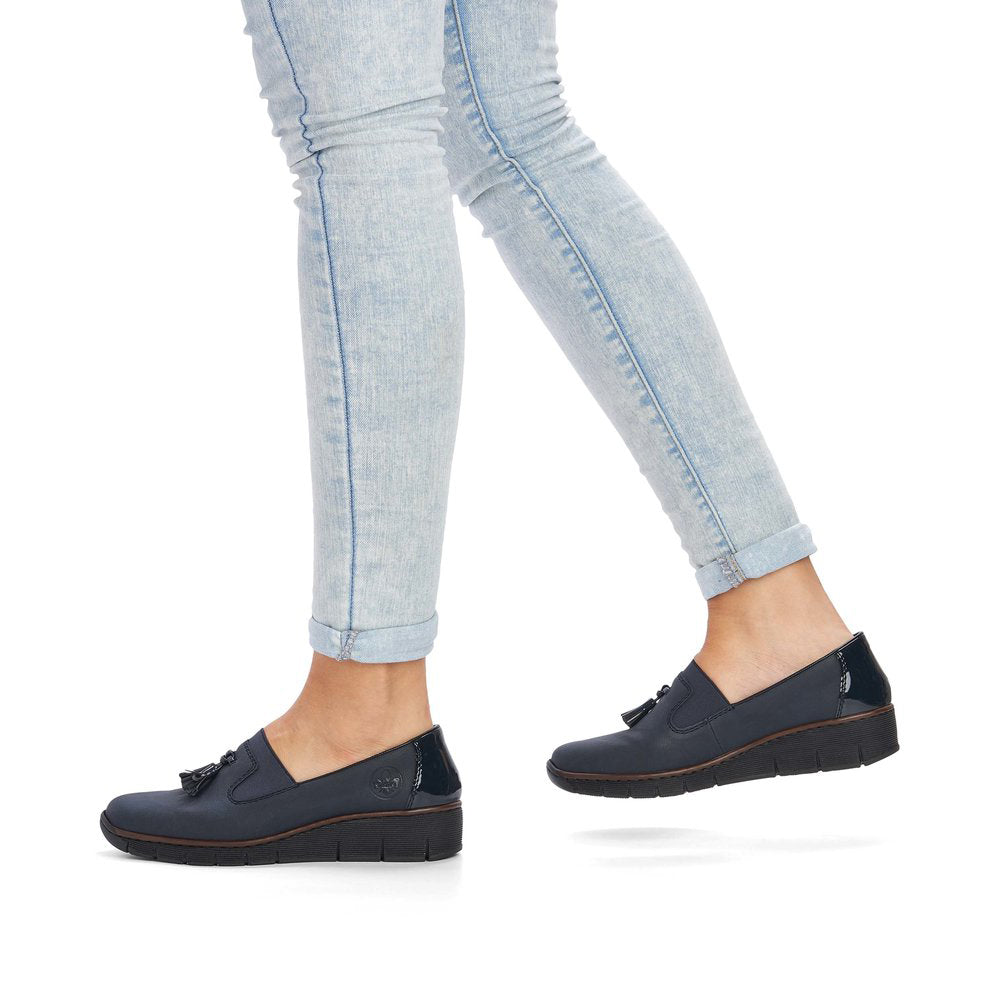 RIEKER - 53751-14 LOW WEDGE SLIP-ON SHOE WITH TASSEL - NAVY