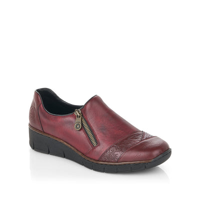 RIEKER - 53761-35 LOW WEDGE SHOE WITH SIDE ZIP - WINE