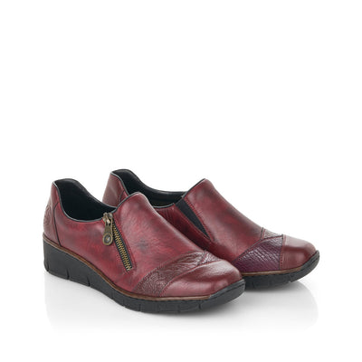 RIEKER - 53761-35 LOW WEDGE SHOE WITH SIDE ZIP - WINE