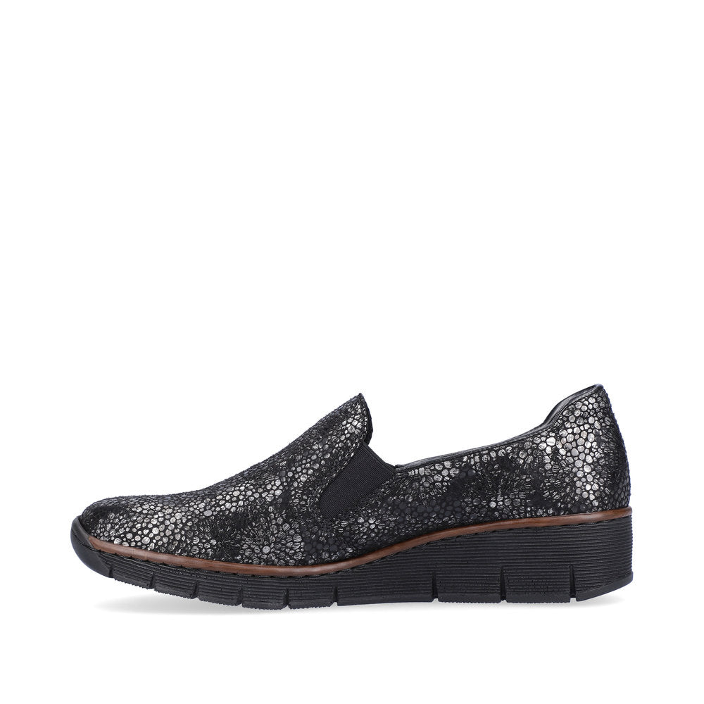 RIEKER - 53766-00 LOW WEDGE SLIP-ON COMFORT SHOE - BLACK MULTI