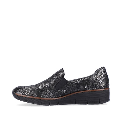 RIEKER - 53766-00 LOW WEDGE SLIP-ON COMFORT SHOE - BLACK MULTI