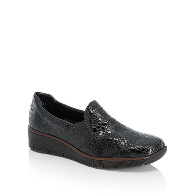 RIEKER - 53766-45 SLIP-ON COMFORT SHOE WITH WEDGE HEEL - BLACK CROC