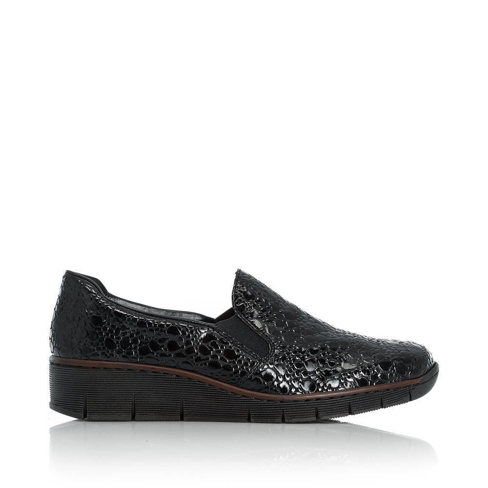 RIEKER - 53766-45 SLIP-ON COMFORT SHOE WITH WEDGE HEEL - BLACK CROC