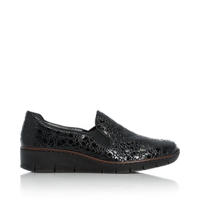RIEKER - 53766-45 SLIP-ON COMFORT SHOE WITH WEDGE HEEL - BLACK CROC