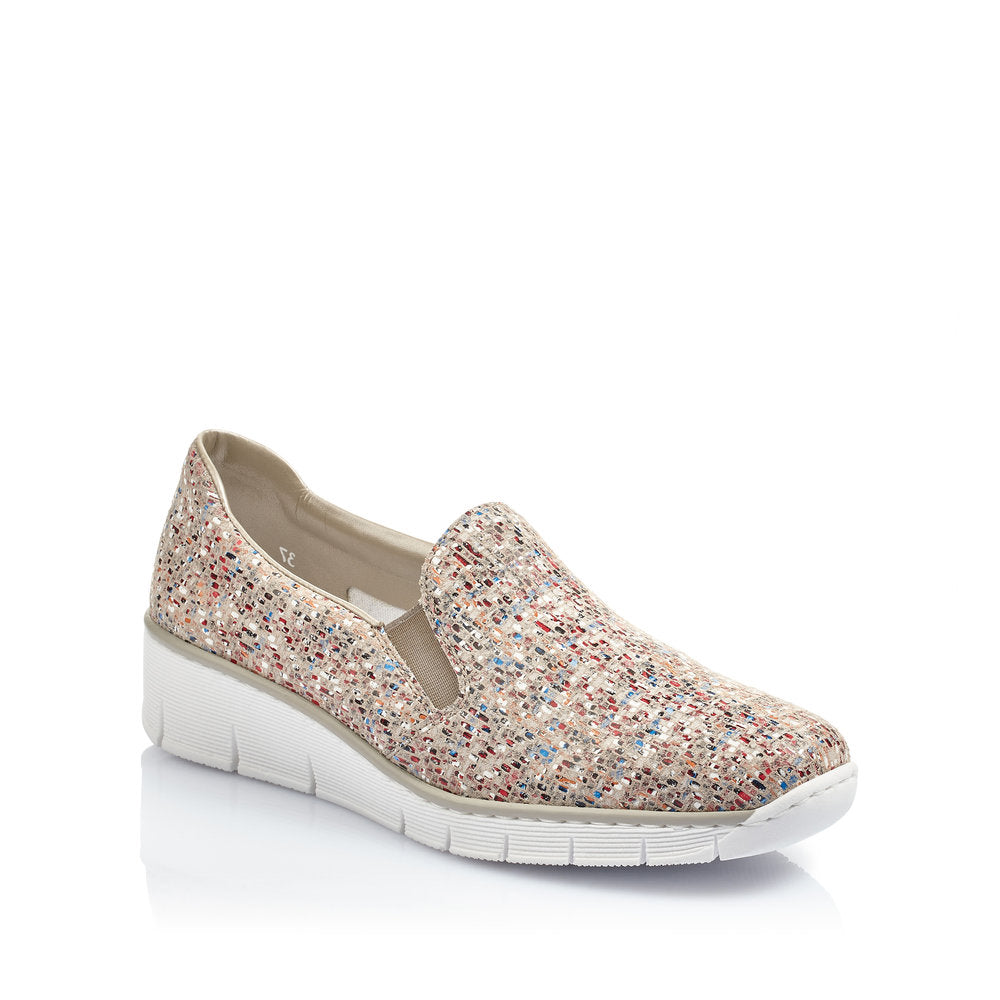 RIEKER - 53766-61 LOW WEDGE SLIP-ON COMFORT SHOE - BEIGE MULTI