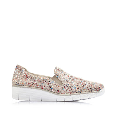 RIEKER - 53766-61 LOW WEDGE SLIP-ON COMFORT SHOE - BEIGE MULTI