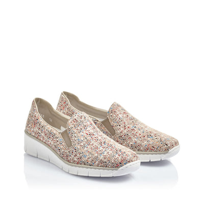 RIEKER - 53766-61 LOW WEDGE SLIP-ON COMFORT SHOE - BEIGE MULTI