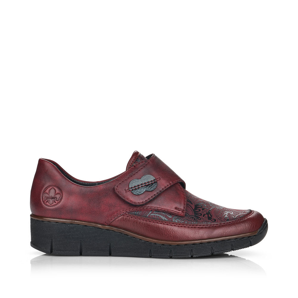 RIEKER - 537C0-35 LOW WEGDE HEEL WITH HOOK & LOOP STRAP - WINE