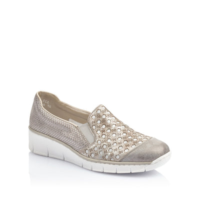 RIEKER - 537W4-40 LOW WEDGE SLIP-ON COMFORT SHOE - BEIGE MULTI