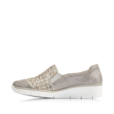 RIEKER - 537W4-40 LOW WEDGE SLIP-ON COMFORT SHOE - BEIGE MULTI