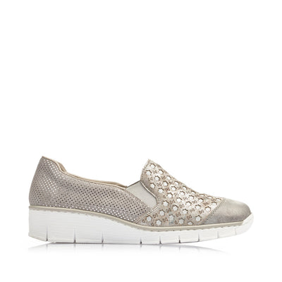 RIEKER - 537W4-40 LOW WEDGE SLIP-ON COMFORT SHOE - BEIGE MULTI