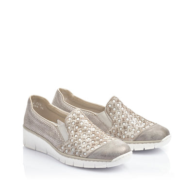 RIEKER - 537W4-40 LOW WEDGE SLIP-ON COMFORT SHOE - BEIGE MULTI
