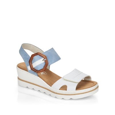 RIEKER - 67476-10 MEDIUM WEDGE FASHION "MOC BUCKLE" SANDAL - WHITE/BLUE