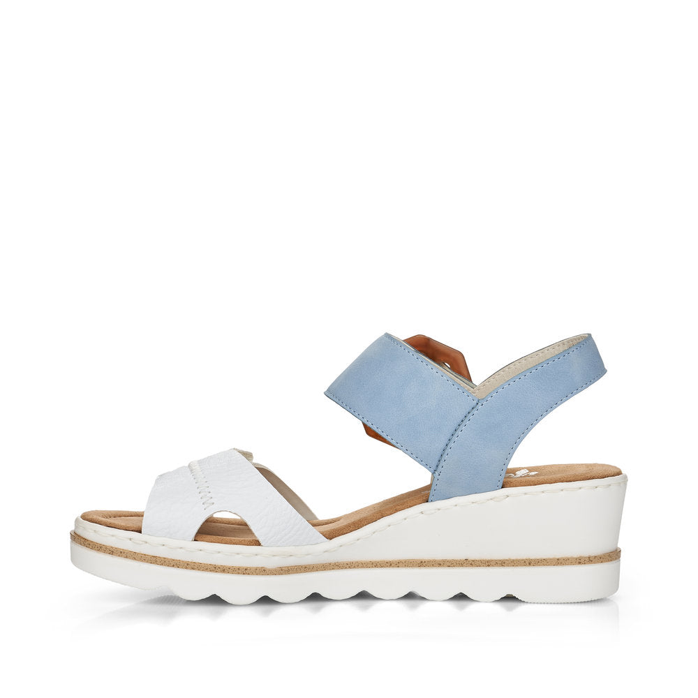 RIEKER - 67476-10 MEDIUM WEDGE FASHION "MOC BUCKLE" SANDAL - WHITE/BLUE