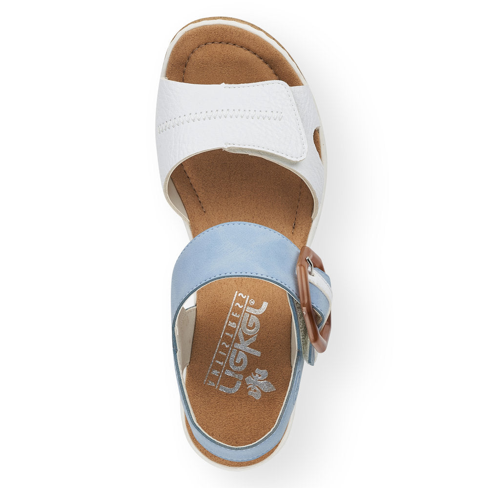 RIEKER - 67476-10 MEDIUM WEDGE FASHION "MOC BUCKLE" SANDAL - WHITE/BLUE