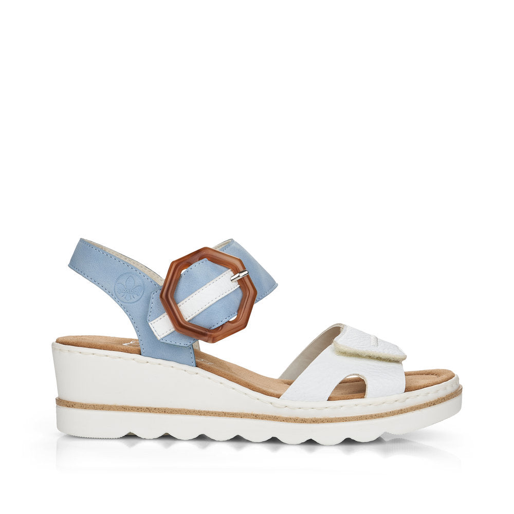 RIEKER - 67476-10 MEDIUM WEDGE FASHION "MOC BUCKLE" SANDAL - WHITE/BLUE