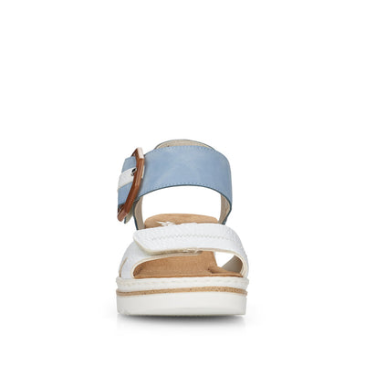 RIEKER - 67476-10 MEDIUM WEDGE FASHION "MOC BUCKLE" SANDAL - WHITE/BLUE