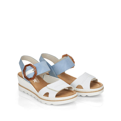 RIEKER - 67476-10 MEDIUM WEDGE FASHION "MOC BUCKLE" SANDAL - WHITE/BLUE