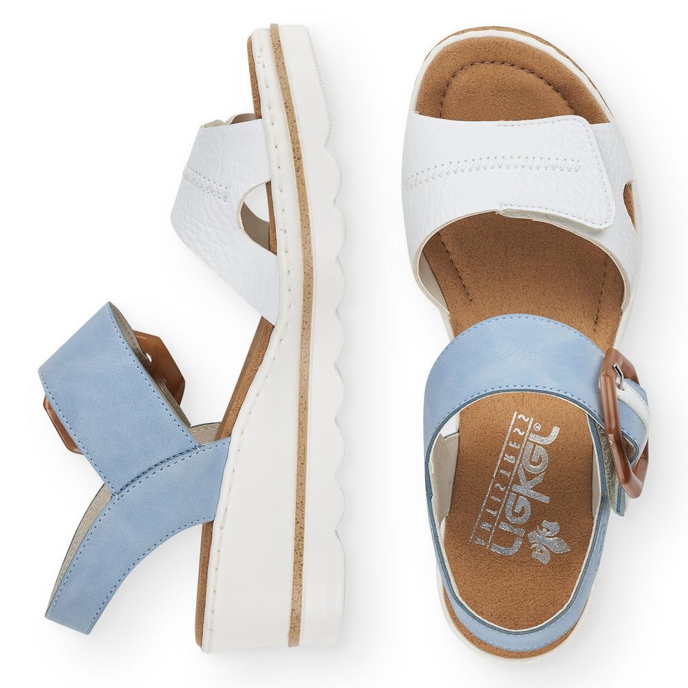 RIEKER - 67476-10 MEDIUM WEDGE FASHION "MOC BUCKLE" SANDAL - WHITE/BLUE