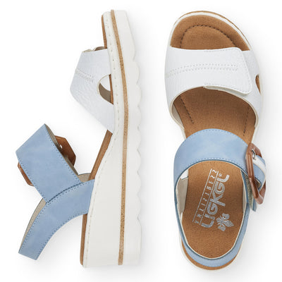 RIEKER - 67476-10 MEDIUM WEDGE FASHION "MOC BUCKLE" SANDAL - WHITE/BLUE