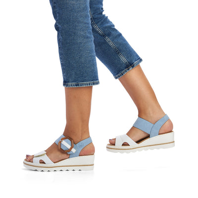 RIEKER - 67476-10 MEDIUM WEDGE FASHION "MOC BUCKLE" SANDAL - WHITE/BLUE